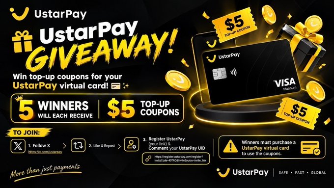 A promotional graphic for a 'UstarPay GIVEAWAY!' offering 5 winners $5 top-up coupons for their UstarPay virtual card.