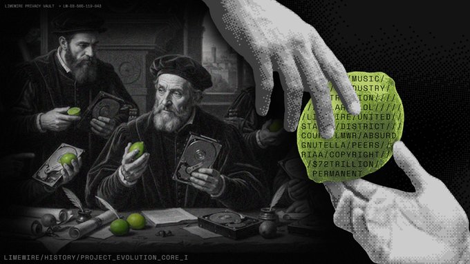 Artwork depicting a historical 'LIMEWIRE PRIVACY VAULT' concept, showing bearded figures examining discs alongside hands manipulating a circular token listing music industry entities like 'SONY', 'WARNER', and 'UNIVERSAL'.