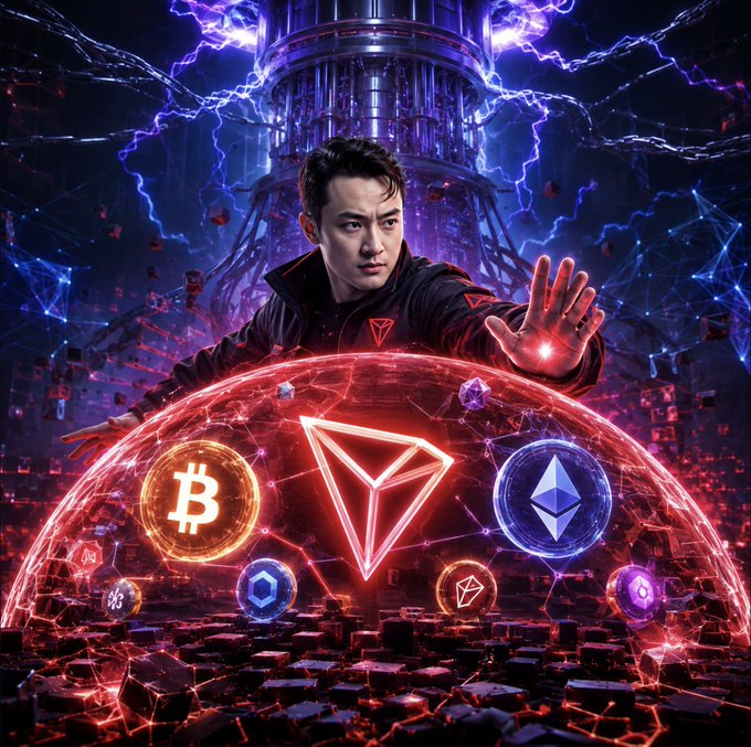 Justin Sun stands triumphantly before a glowing quantum reactor, surrounded by the logos of major cryptocurrencies—Bitcoin (B), Ethereum (ETH), Tron (TRX)—encapsulated in a protective red energy shield, symbolizing his urgent push to make Tron quantum-resistant by Q4 2025. The dramatic scene visualizes the looming threat of quantum computing to crypto, mirroring his high-stakes bet with 100% of his assets on the line.