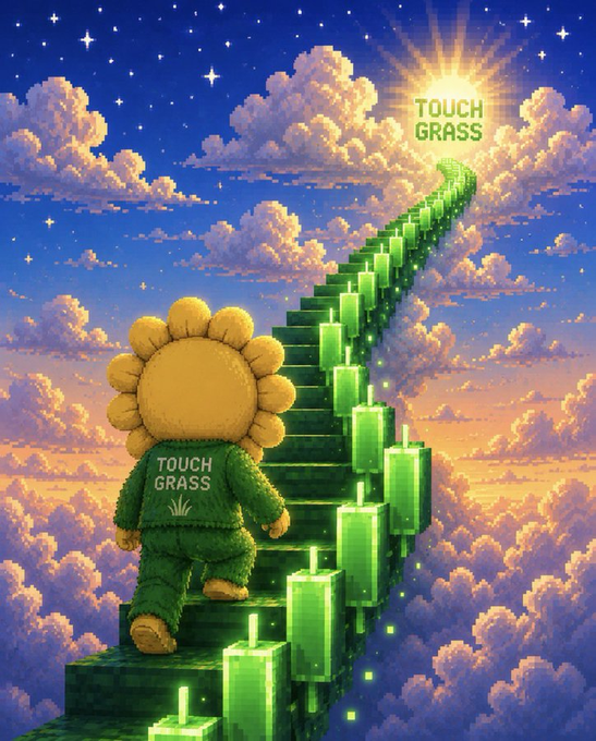 A fuzzy, sunflower-headed figure wearing a green sweater marked "TOUCH GRASS" ascends a glowing staircase of green pixelated blocks rising into a starry, cloud-filled sky toward a radiant sun displaying the "TOUCH GRASS" text. The dreamy, stairway-to-heaven imagery visually represents the $TOUCHGRASS ecosystem being built, symbolizing growth and ascent through its Proof of Grass, NFTs, and staking offerings.