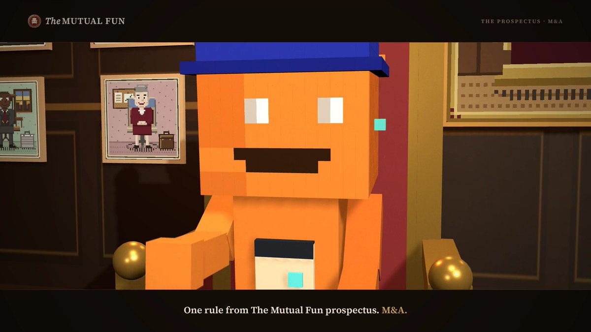 A 3D animated scene from 'The MUTUAL FUN' featuring an orange blocky character wearing a blue cap, with text at the bottom reading 'One rule from The Mutual Fun prospectus. M&A.'