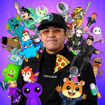 A person wearing sunglasses and a cap with the text 'KEMENGAMING' is surrounded by colorful cartoon characters including a pizza slice, anime figures, and mascots against a purple background.