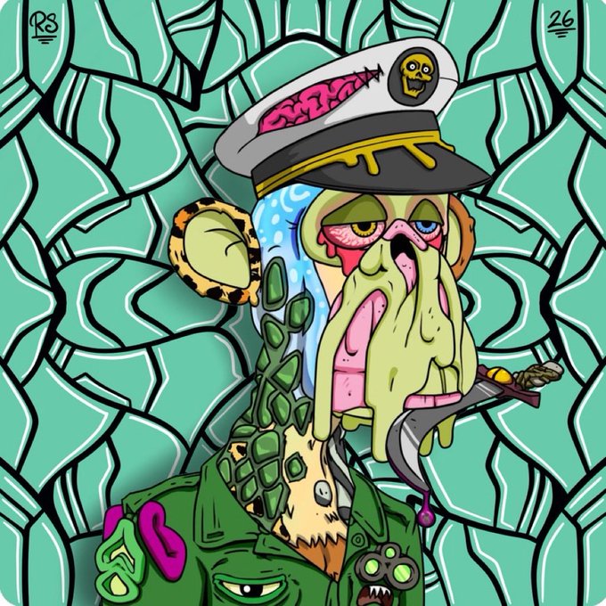 A grotesque, mutant ape character in a naval officer's hat smokes a cigar against a teal geometric background, with "R8" marked in the top-left corner and "26" in the top-right. The artwork connects to the Bored Ape Yacht Club (BAYC) NFT collection and celebrates "Happy Mutant Monday" with its signature cartoonish, irreverent style.