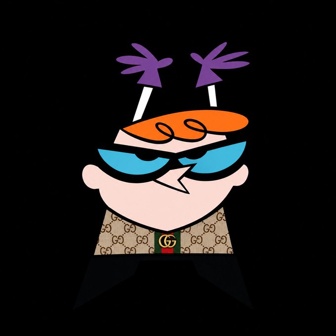 A cartoonish avatar with purple sprout-like hair, orange bowl-cut bangs, blue sunglasses, and a Gucci-patterned shirt on a black background.