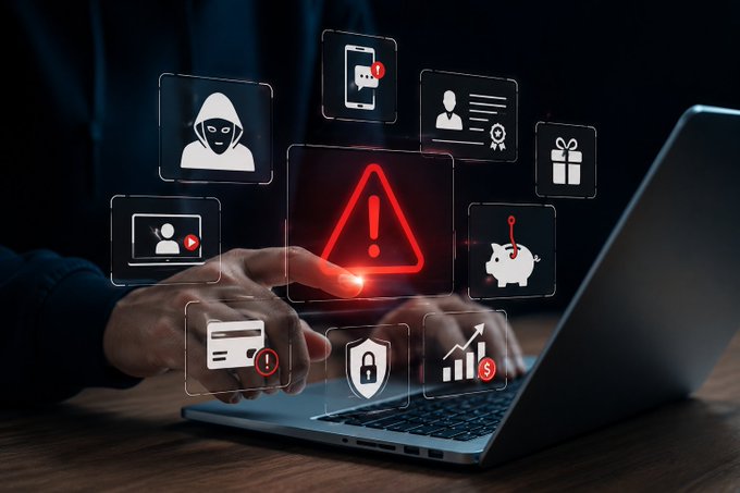 A person types on a laptop surrounded by glowing digital icons representing scams—a hooded hacker, phishing alert, phishing hook piggy bank, lock, certificate, and dollar signs—centered on a red warning triangle. The visual reinforces the post's warning about increasingly sophisticated investment scams using deepfakes, AI, and fake platforms, illustrating how fraudsters blend trustworthy-looking interfaces with urgent, high-return pitches to pressure victims.