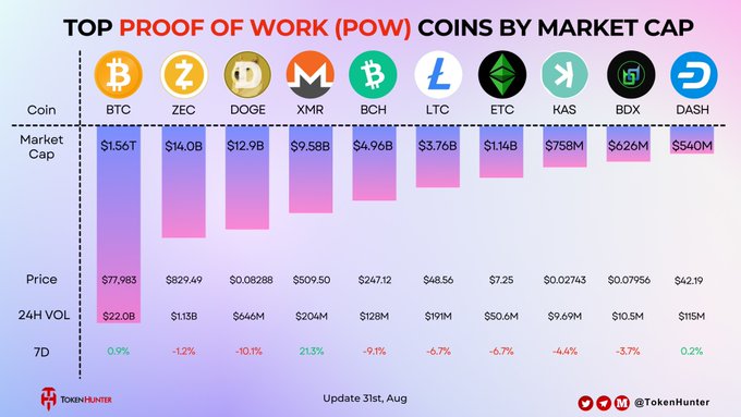 Top Proof of Work (POW) Coins by Market Cap chart from TokenHunter showing BTC ($1.561T), ZEC ($14.0B), DOGE ($12.9B), XMR ($9.58B), BCH ($4.96B), LTC ($3.76B), ETC ($1.14B), KAS ($758M), BDX ($626M), and DASH ($540M) with prices and 7-day changes, updated August 31st.