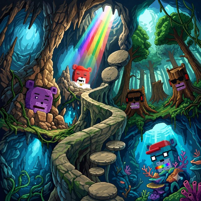 A pixel art scene shows blocky bear and robot characters in a cave, with one bear emitting a rainbow beam from a cave opening.