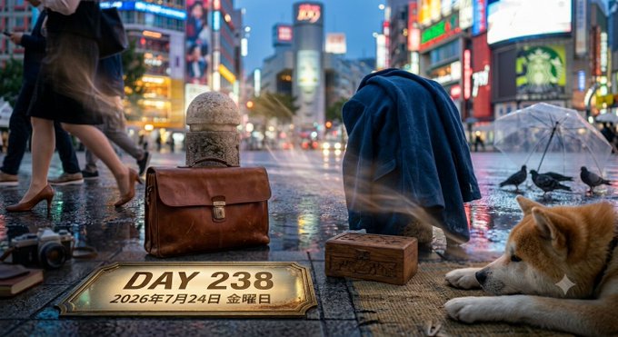A stylized street scene at night in a rainy city featuring a person under a blue blanket, a brown leather briefcase, a sleeping Shiba Inu dog, and a plaque reading 'DAY 238, 2026年7月24日 金曜日'.