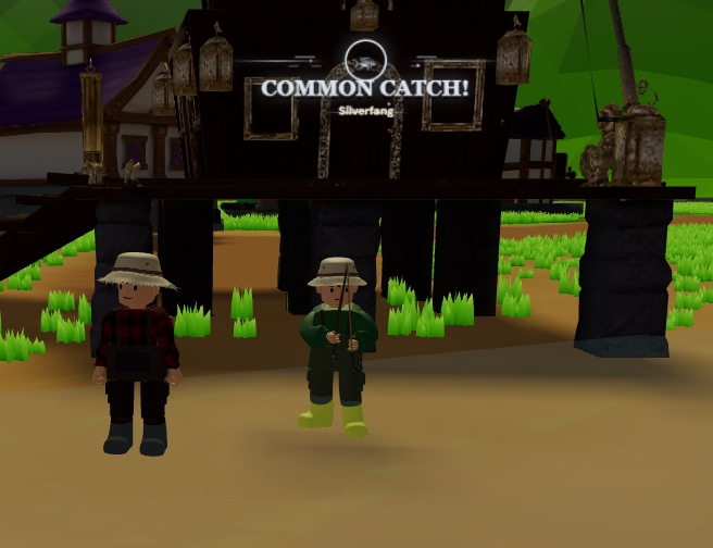 A Roblox-style fishing game screenshot showing two cartoon characters catching a 'COMMON CATCH! Silverfang' fish in front of a wooden building.