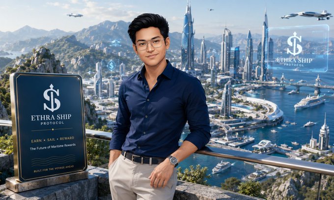 A man in a dark blue shirt and glasses leaning against a railing overlooking a futuristic coastal cityscape with skyscrapers and flying vehicles. A sign reads 'ETHRA SHIP PROTOCOL - EARN • SAIL • REWARD - The Future of Maritime Rewards - BUILT FOR THE VOYAGE AHEAD.'