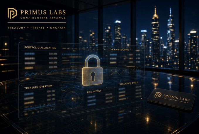 The image features a sleek, gold-accented digital interface branded "PRIMUS LABS CONFIDENTIAL FINANCE," displaying panels for "Portfolio Allocation," "Onchain Exposure," "Treasury Overview," "Risk Metrics," and "Transaction Shield," all surrounding a central glowing padlock symbol. The accompanying post highlights how Primus Labs' "Confidential Vault" enables users to put encrypted $eU to work beyond simple private transfers, directly reflecting the image's depiction of shielded, secure treasury management.