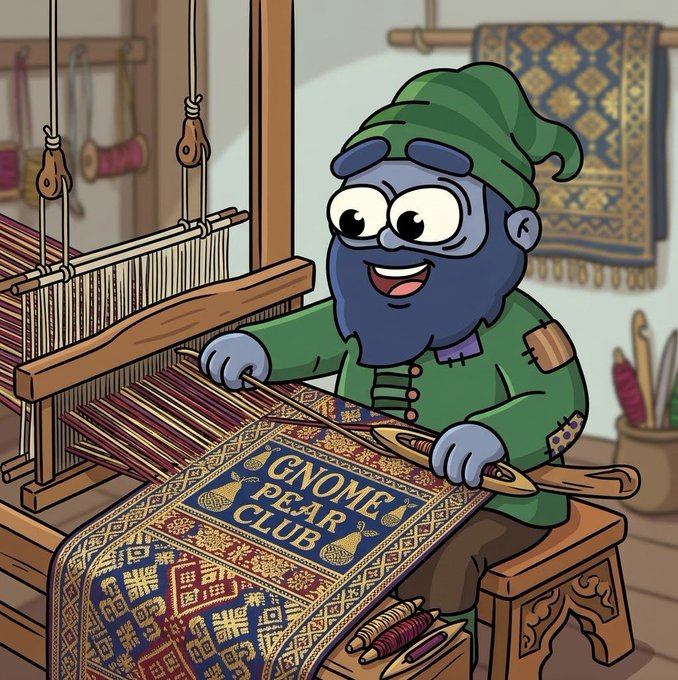 A cartoon illustration of a blue-bearded gnome in green clothing weaving on a loom, creating a decorative textile that reads 'GNOME PEAR CLUB'.