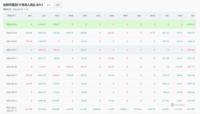 A data table titled '比特币现货ETF净流入流出 (BTC USD)' showing daily net inflows/outflows for various Bitcoin ETFs including IBIT, FBTC, ARKB, and BITB from August 21 to September 5, 2024.