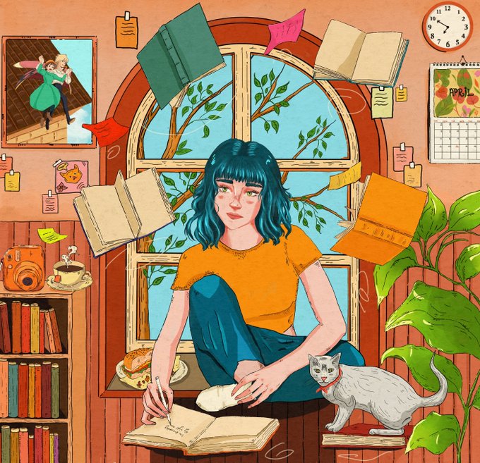 An illustration depicts a blue-haired girl in an orange shirt sitting by an arched window writing in a notebook, surrounded by floating books, sticky notes, a camera, and a white cat.