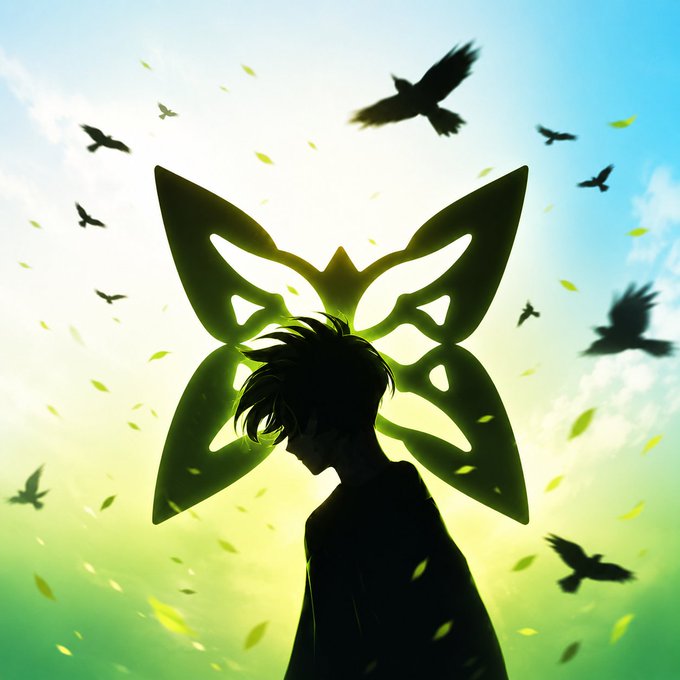 A silhouetted figure stands beneath glowing green butterfly wings as birds fly and leaves scatter across a soft sky, symbolizing transformation and earned growth through active participation—mirroring the post's message that real standing in the Quip Network is built by users who show up and contribute effort toward $QUIP.