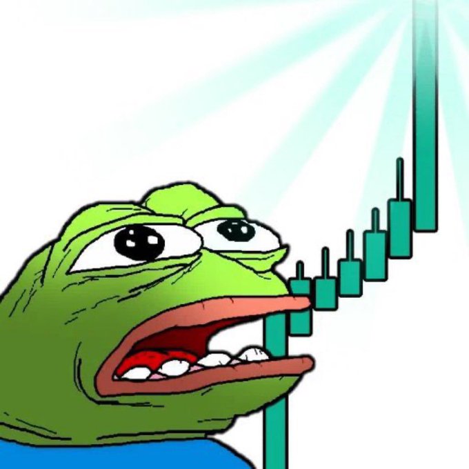 A cartoon image of Sad Pepe (a green frog with a sad, teary-eyed face) looking at an upward-trending candlestick chart.