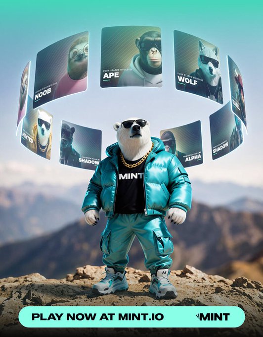 A promotional graphic showing a polar bear in sunglasses, a blue jacket, and 'MINT' shirt standing on a mountain, with floating cards labeled 'NOOB', 'APE', 'WOLF', 'HUNTED', 'SHADOW', 'ALPHA', and 'WANTED', along with text 'PLAY NOW AT MINT.IO' and 'MINT'.