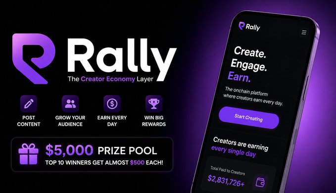 The image features a cell phone with an app displayed that promotes a prize pool for users who tweet using a specific hashtag. The text on the screen reads "Rally" and "The creator economy layer", indicating the app's purpose or theme. A purple background is used, which contrasts with the black background of the phone. The phone is positioned in such a way that it appears to be held horizontally against this backdrop.