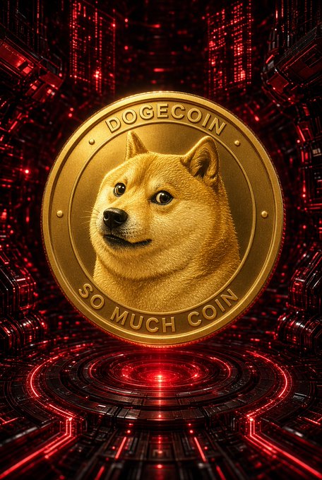 A gold Dogecoin featuring a Shiba Inu dog with the text "DOGECOIN" and "SO MUCH COIN" against a red digital background.