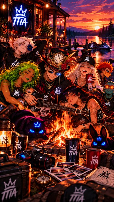 An anime-style illustration showing characters gathered around a campfire at sunset by a lake, with multiple 'TITA' logos featuring a crown symbol displayed throughout.