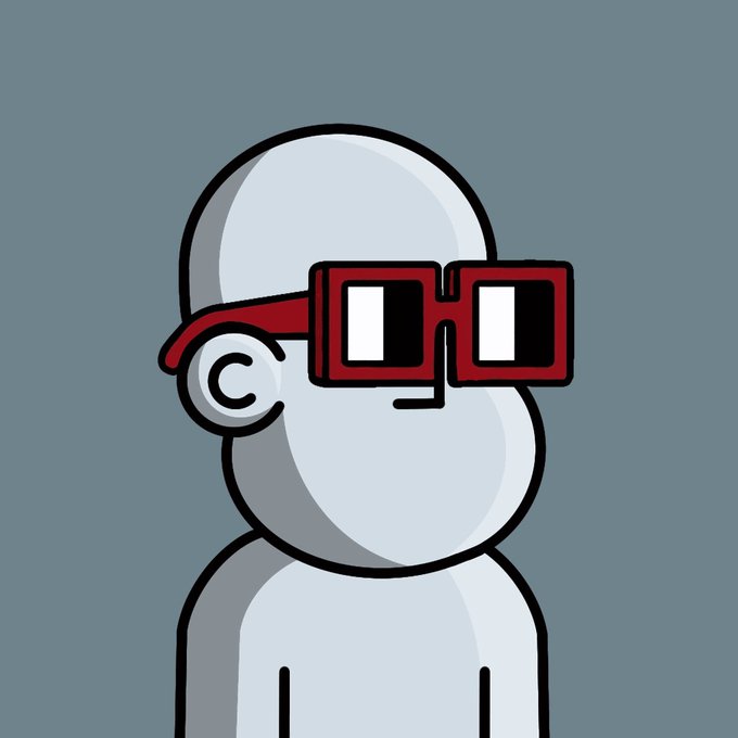 A minimalist cartoon illustration of a gray character wearing red-framed pixelated sunglasses against a gray background.