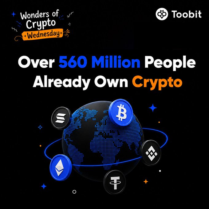 The image features a black background with a blue globe at its center, surrounded by various cryptocurrency symbols such as Bitcoin and Tether. The text "Crypto is no longer a niche trend. More than 560 million people around the world already own digital assets, and adoption continues to grow as crypto becomes part of everyday finance." This statement emphasizes the growing popularity of cryptocurrencies among the general public.