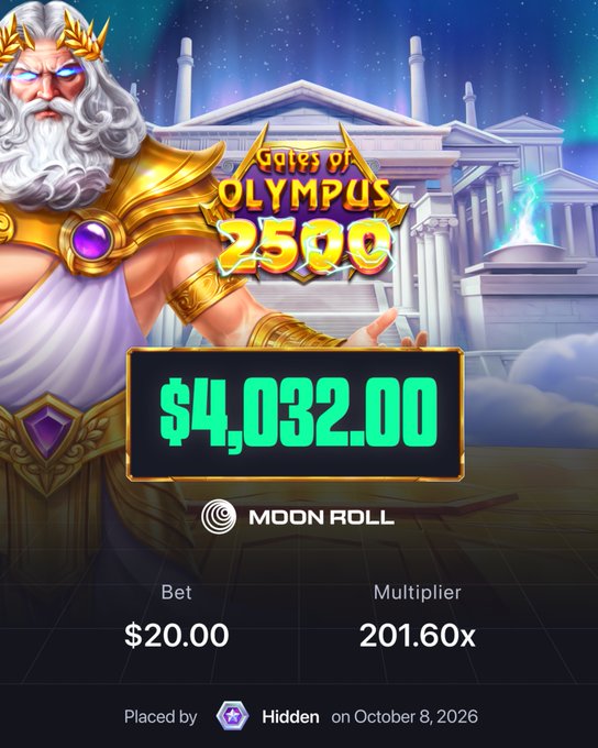 A screenshot of a casino game "Gates of Olympus 2500" on MoonRoll shows a winning bet of $20.00 with a 201.60x multiplier, resulting in a $4,032.00 payout, placed by a hidden user on October 8, 2026. The image illustrates the post's claim of turning $20 into $4,032 in a single spin, supporting the giveaway promotion.