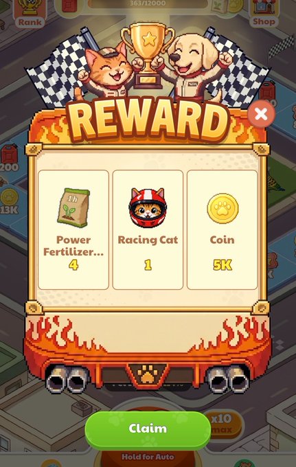 A mobile game reward screen showing prizes including Power Fertilizer (4), Racing Cat (1), and 5K coins.