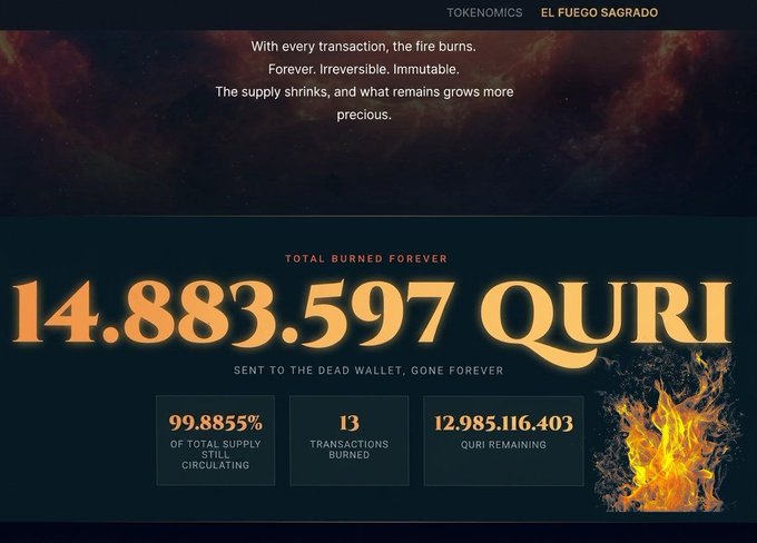 A tokenomics page for "EL FUEGO SAGRADO" showing "TOTAL BURNED FOREVER 14.883.597 QURI" with statistics: 99.885% of total supply circulating, 13 transactions burned, and 12.985.116.403 QURI remaining.