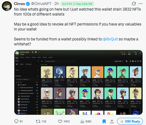 Tweet from @CirrusNFT (@CirrusNFT) warning about a wallet draining 3832 NFTs worth 100s of ETH, advising users to revoke NFT permissions, possibly linked to @0xQuit.