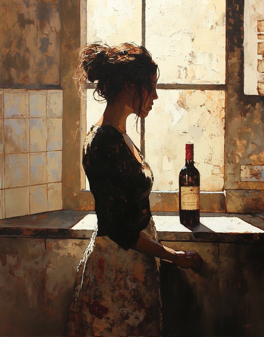 A textured, painterly illustration shows a woman in profile with dark hair in a messy bun, standing by a rustic tiled window, with a bottle of wine resting on the sill beside her.