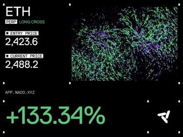 A cryptocurrency signal showing ETH 'PERP LONG CROSS' with entry price 2,423.6, current price 2,488.2, and a +133.34% gain.