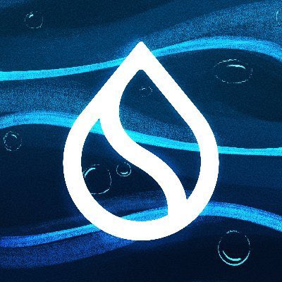 A white stylized water droplet logo is centered over a textured blue background featuring wavy lines and bubble motifs. The image visually represents the Sui blockchain, aligning with the post's discussion of $SUI's gas-free stablecoin transfers and the launch of Sui Dollar.