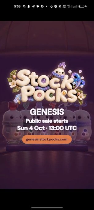 A promotional poster for 'Stock Pocks' announcing its GENESIS public sale starting Sunday 4 October at 13:00 UTC, with the website genesis.stockpocks.com displayed.