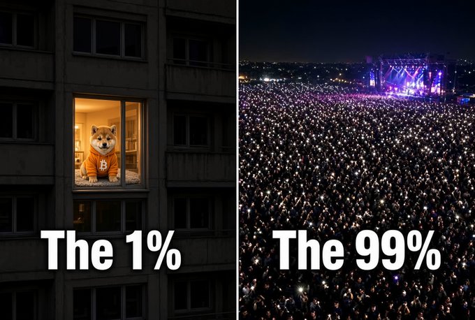 A split image contrasts a dog wearing an orange Bitcoin-themed hoodie in an apartment window with a huge concert crowd; visible text reads “The 1%” and “The 99%.”