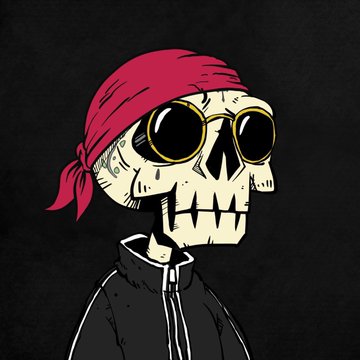 An illustration of a skeleton wearing a red bandana, round sunglasses with yellow lenses, and a black jacket set against a dark background.