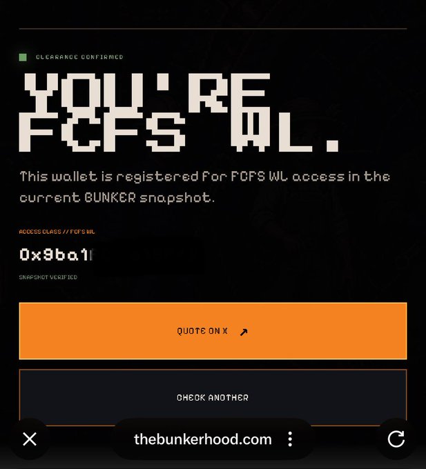 A dark web interface from thebunkerhood.com displays a 'YOU'RE FCFS WL' confirmation message with a wallet address beginning with 0x9ba1.