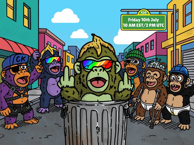 A cartoon illustration of a group of monkeys in streetwear and sunglasses, with a central gorilla in a trash can; a sign reads 'Friday 10th July, 10 AM EST/2 PM UTC'.