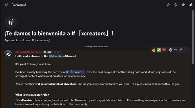 A screenshot of a Discord channel named 'xcreators' displays a post from 'ArashSelective' welcoming new xCreators and explaining the unique, hand-picked role for content contributors.