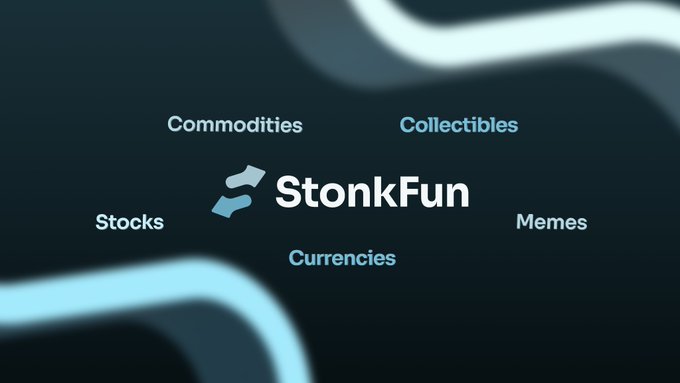 The image displays the "StonkFun" logo centered on a dark background, surrounded by the categories "Commodities," "Collectibles," "Stocks," "Memes," and "Currencies"—illustrating the platform's tagline of pairing anything with anything, including assets across these five diverse classes. The flowing blue design elements reinforce its connection to the Raydium-powered ecosystem.