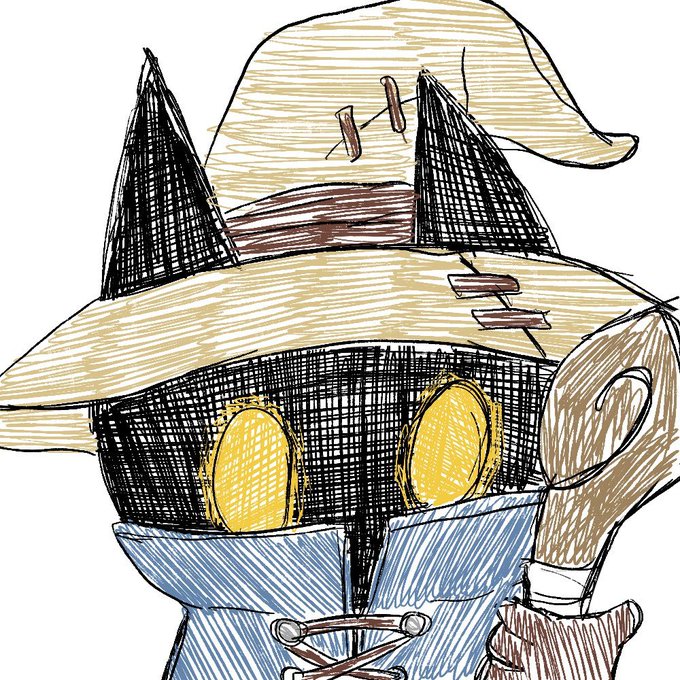 A sketched illustration of a character wearing a patched tan witch or wizard hat with a wide brim, glowing yellow eyes, a dark hooded cloak, and a blue tunic with a large safety pin.