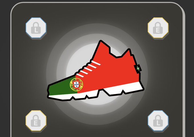 The image features a red shoe with green and white accents, which appears to be a symbol of the Portuguese flag. The shoe is positioned centrally within the frame, drawing attention to its vibrant colors and unique design. In the background, there are four lockets or small circles, each representing a different country - France, Spain, Italy, and Germany. These lockets are arranged in a row behind the shoe, creating an interesting visual contrast between the red shoe and the white circle of countries. The image also includes text that reads "2026の靴いただけました。 私はこれで勝負！ #stepn".