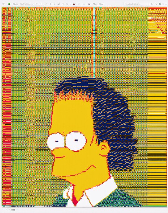 A pixelated, glitch-art style portrait of a yellow-skinned Simpsons-style character with large blue hair, displayed within what appears to be a digital spreadsheet or grid interface.