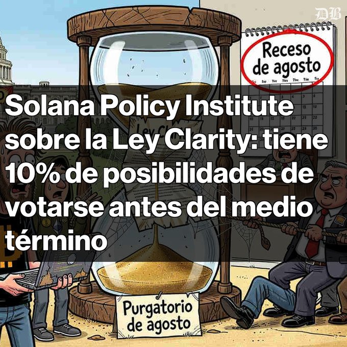 A Spanish news graphic reads 'Solana Policy Institute sobre la Ley Clarity: tiene 10% de posibilidades de votarse antes del medio término' over a cartoon of an hourglass labeled 'Purgatorio de agosto'.