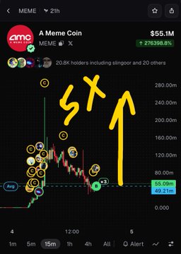 A dark-themed meme-token price chart for “A Meme Coin” (AMC) shows a dramatic rise and fall, followed by a large yellow hand-drawn SXT arrow pointing upward toward roughly 280M. Visible text includes “A Meme Coin,” “20.8K holders including singapoor and 20 others,” a market cap of “$55.1M,” and a green gain of “276,398.6%.”