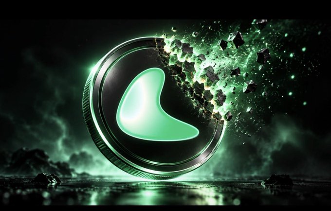 Dark dramatic image of a glowing green circular coin or token shattering and breaking apart on the right side, with green light and debris against a black background.