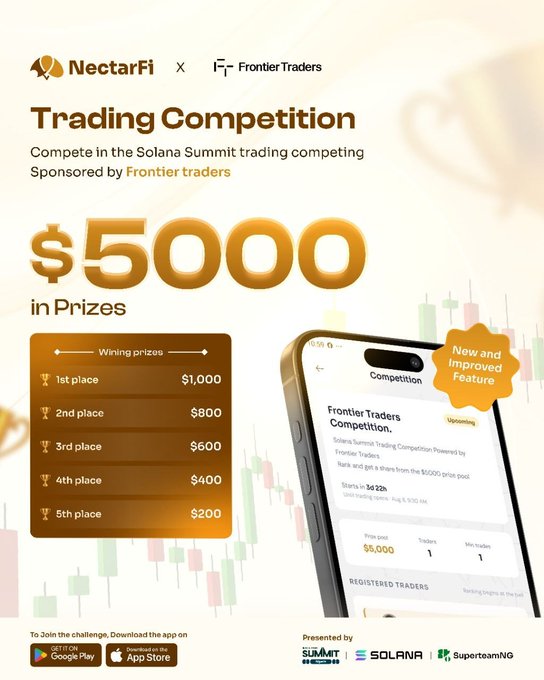 The image is a promotional poster for a "Trading Competition" sponsored by NectarFi and Frontier Traders, advertising a $5,000 prize pool with tiered winnings from $1,000 for 1st place to $200 for 5th place. It features a smartphone mockup showing the competition details and includes download links for Google Play and the App Store, along with logos for the Solana Summit, Solana, and SuperteamNG—directly supporting the post's announcement about proving perps trading skills at Solana Summit Nigeria.