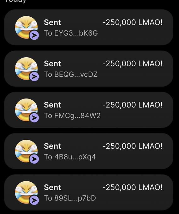 Screenshot of a crypto transaction history showing five consecutive "Sent" transactions of -250,000 LMAO each to different addresses (EYG3...bK6G, BEQG...vcDZ, FMCg...84W2, 4B8u...pXq4, 89SL...p7bD), one of which matches the FMCg address mentioned in the post as being sent to user @Froovik.