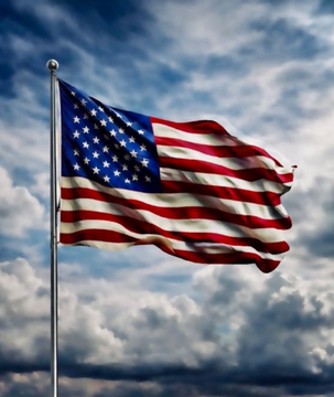 The American flag waves against a dramatic cloudy sky, symbolizing the U.S.-Iran diplomatic breakthrough that reopened the Strait of Hormuz. The image's display of American resolve visually reinforces the post's message that a framework deal has de-escalated the crisis, sparking risk-on flows into crypto and pulling back oil prices.