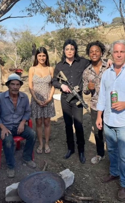 Five people pose outdoors near a campfire pit, including a man seated wearing a hat, a woman in a floral dress, a central figure dressed in black holding an assault rifle (resembling Michael Jackson), a woman in a patterned shirt, and a man on the right holding a can of "Tecate" beer. The post jokingly claims this rustic scene represents an episode of the "UpOnlyTV" podcast from 2020, humorously framing the unusual and incongruous gathering as a casual behind-the-scenes moment from the show.